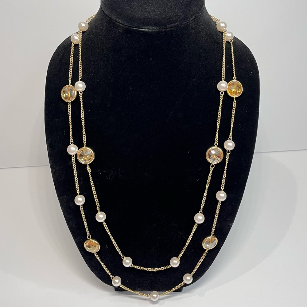 Monet 28” Amber tone Glass and Simulated Pearl Double Strand Necklace